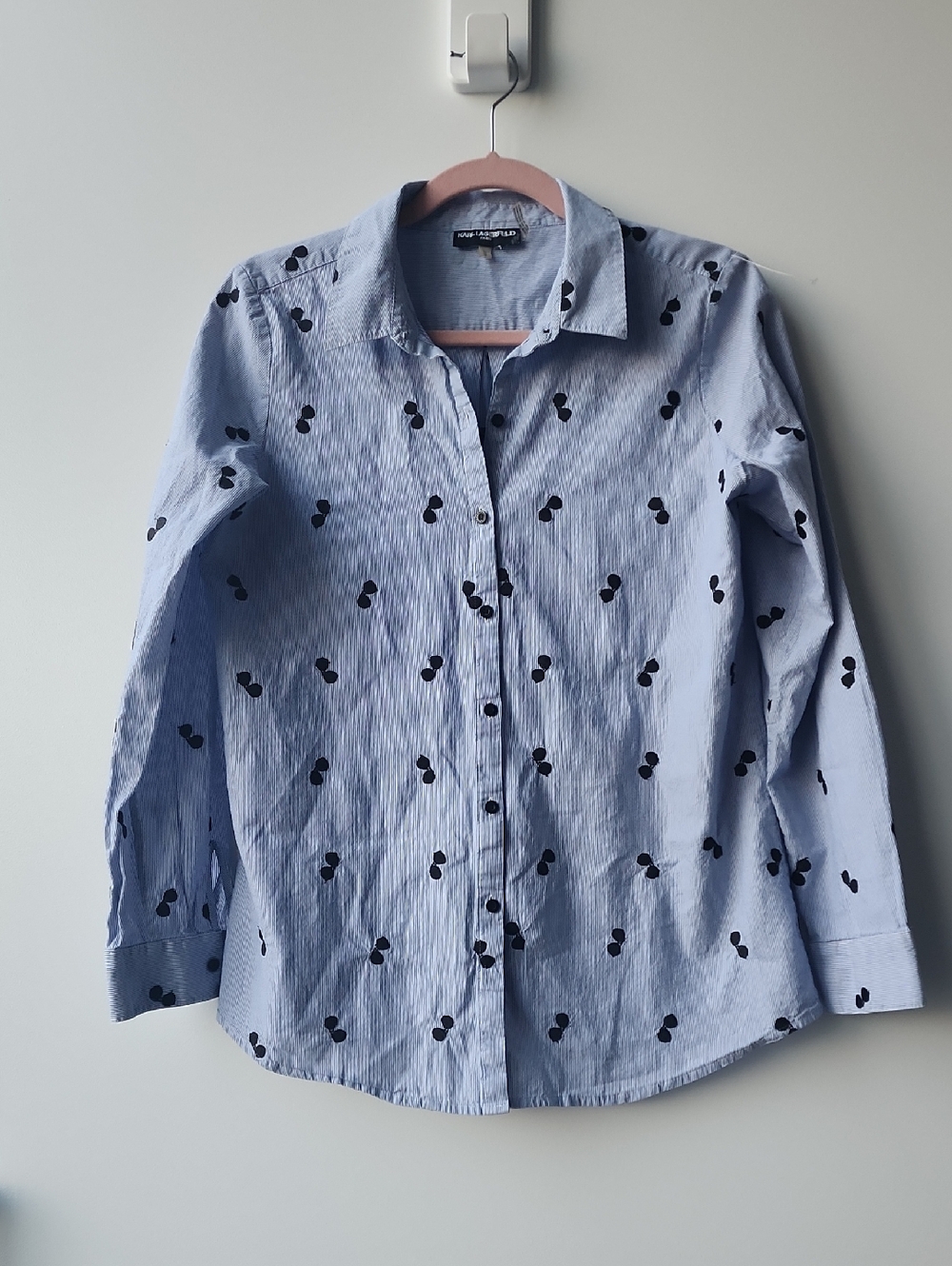Karl Lagerfeld Sunglasses Embroidered Striped Fitted Button Up Blouse Shirt
